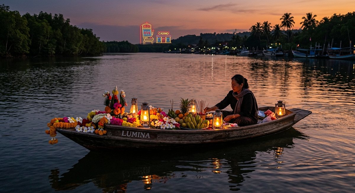 Perahu kecil berisi sesaji bunga dan buah di muara sungai senja dengan siluet gulungan mesin slot menyala jauh di tepian