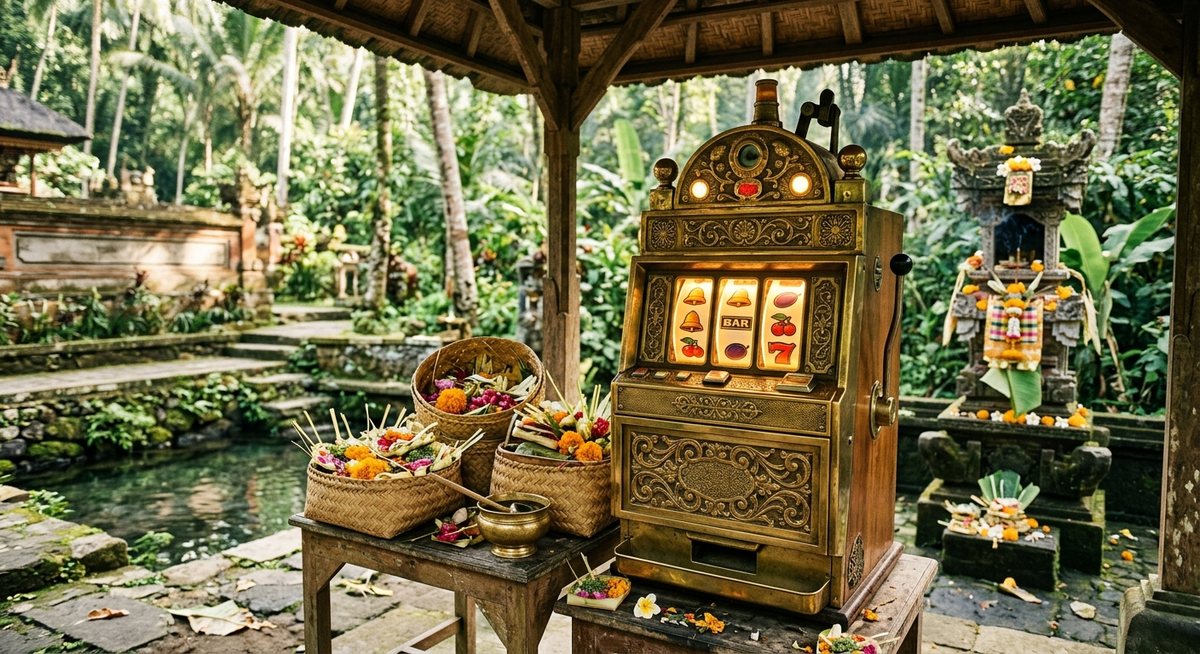 Mesin slot klasik dengan ornamen kuningan dan gulungan simbol berdiri di antara persembahan bunga di tepi mata air tropis