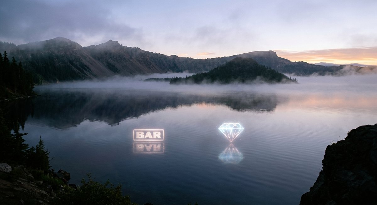 Danau berkabut fana dengan gulungan mesin slot bayangan di permukaan air, simbol BAR dan diamond menyala samar