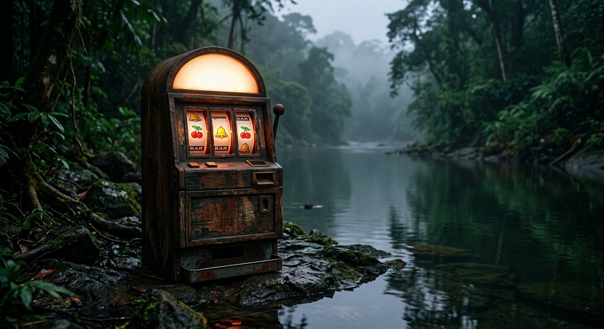 Mesin slot antik dengan gulungan simbol cherry dan bel di tepi sungai berkabut
