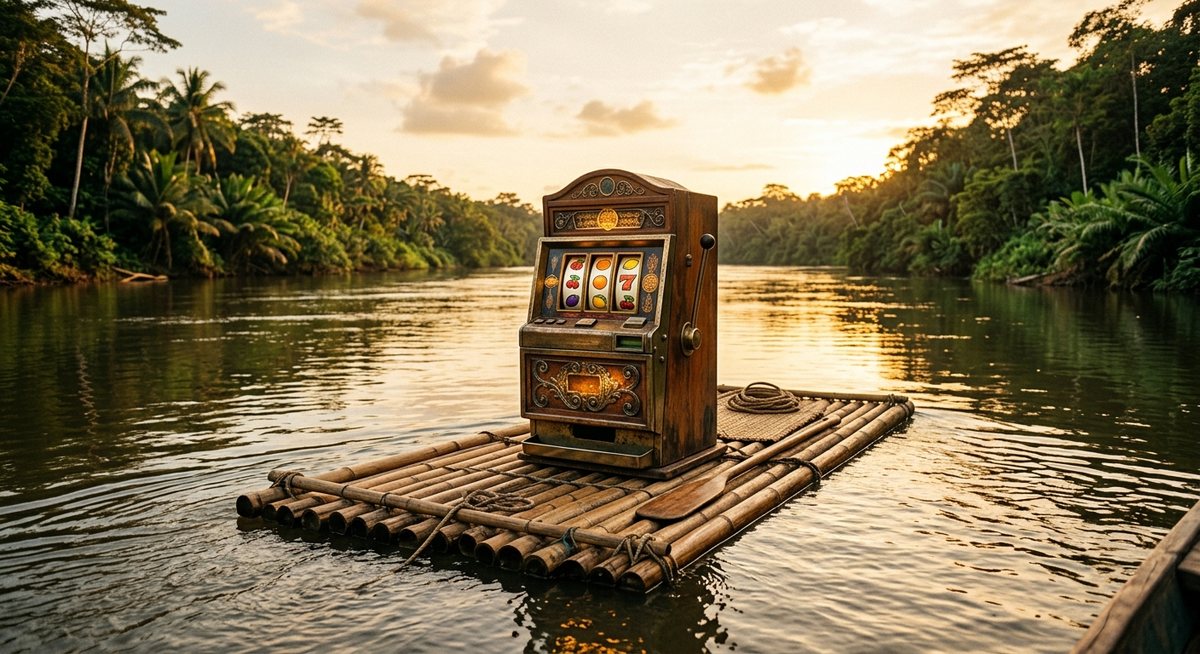 Mesin slot retro bergaya lemari kayu berdiri di tepi sungai tropis saat senja, gulungan simbol buah menyala